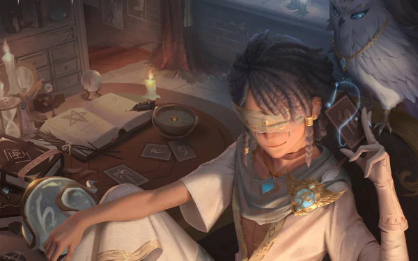 HD PC desktop wallpaper from the video game Identity V featuring a blindfolded character surrounded by books, cards, candles, and an owl in a dimly lit room.