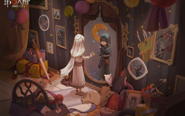 HD PC desktop wallpaper featuring a detailed, atmospheric scene from the video game Identity V, showcasing two characters in a dimly lit, art-filled room.