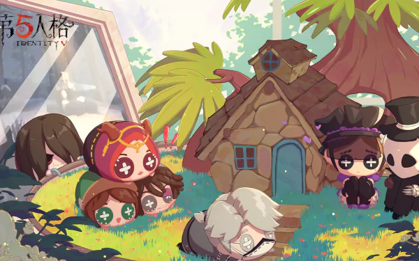 HD PC desktop wallpaper/background of the video game Identity V: chibi-style characters lounging around a cozy stone cottage with palm trees in bright, whimsical art.