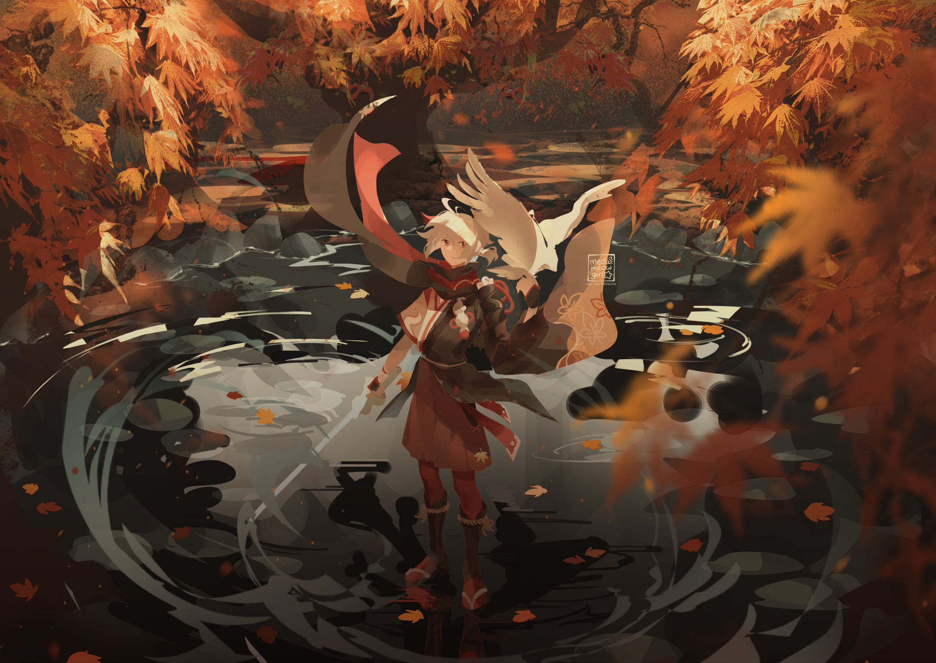 Kaedehara Kazuha (Genshin Impact) wading in swirling water beneath falling autumn leaves — video game artwork rendered as a 4K Ultra HD PC desktop wallpaper background.