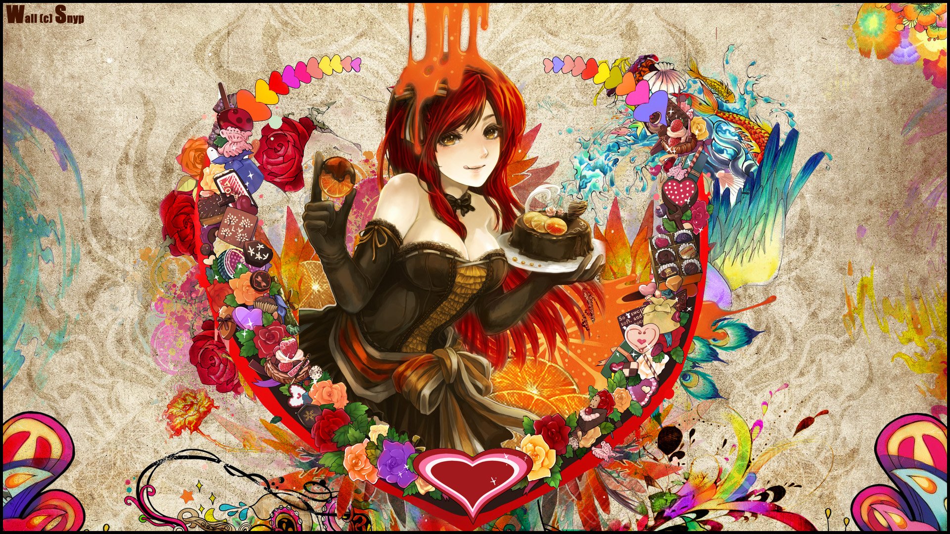 A vibrant anime-themed HD wallpaper featuring a character with red hair, holding a chocolate dessert amid a swirl of colorful flowers and whimsical designs.