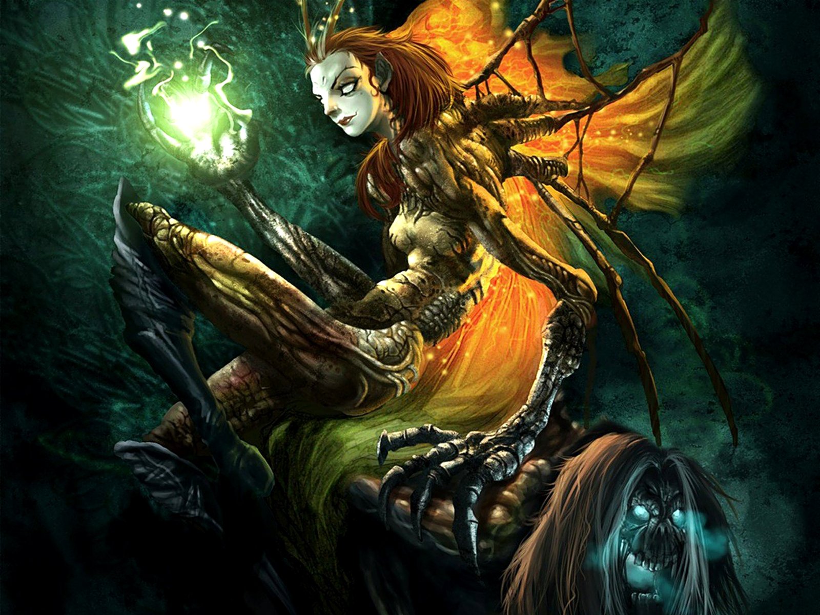 HD desktop wallpaper featuring a dark, demonic figure with glowing green energy and menacing, intricate details.