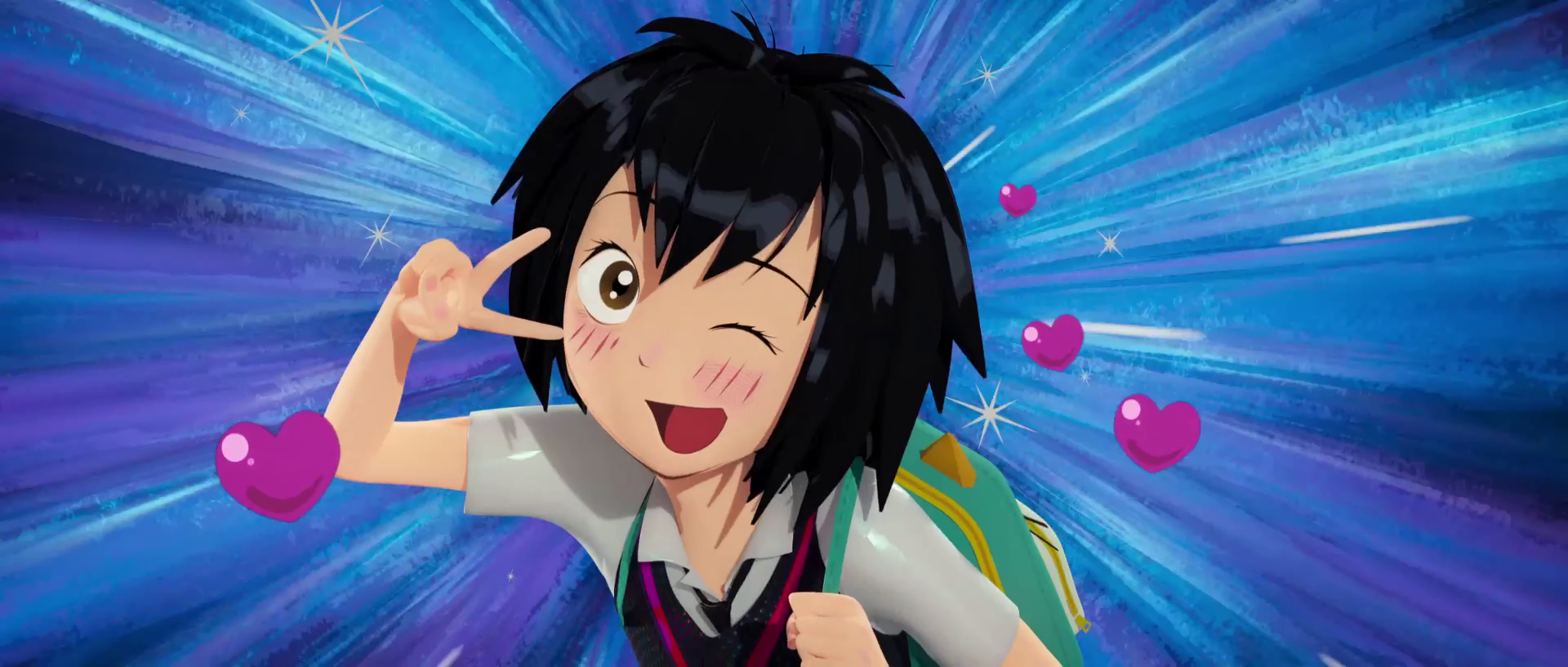 Anime-style girl winking with peace sign and hearts against a blue radial burst - Spider-Man: Into The Spider-Verse themed 2K Quad HD PC desktop wallpaper.