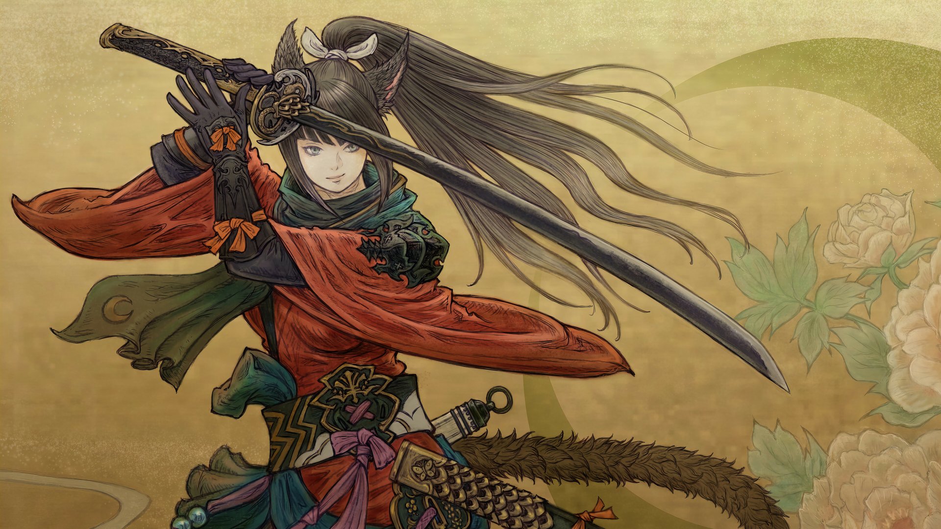 4K Ultra HD fantasy samurai wallpaper featuring a poised warrior in traditional armor wielding a katana, set against a soft, artistic background.
