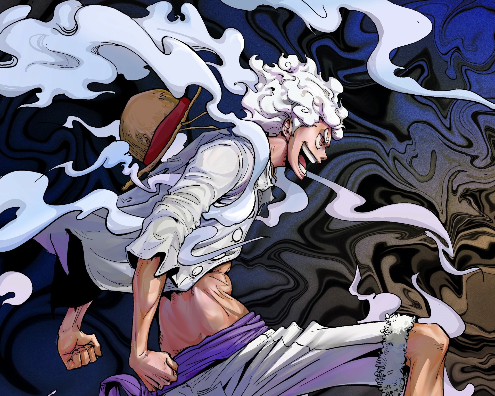 HD PC desktop wallpaper featuring Monkey D. Luffy in Gear 5 from the anime One Piece, depicted with dynamic smoke effects and intense expression.