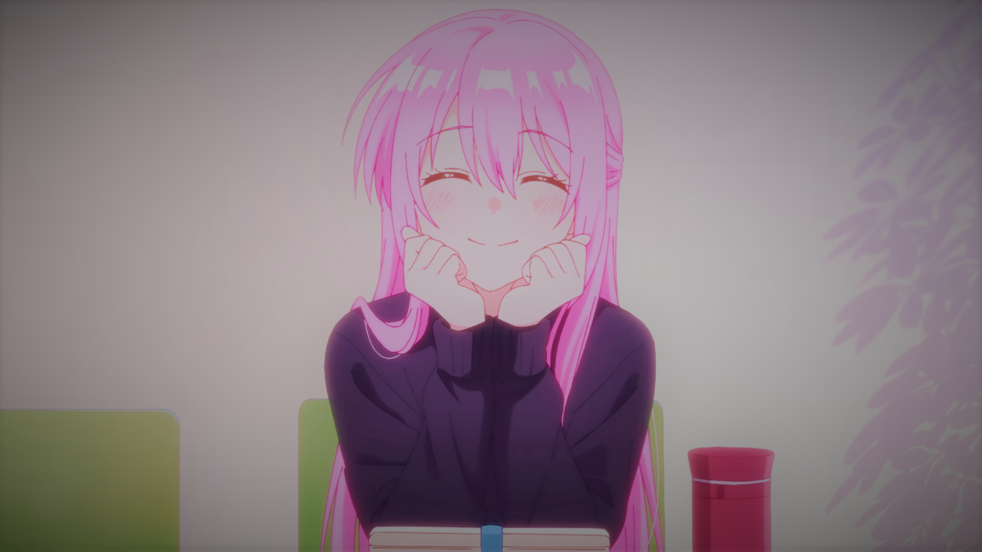 HD PC desktop wallpaper featuring Micchon Shikimori from the anime Shikimori's Not Just a Cutie, smiling with pink hair and a dark outfit.