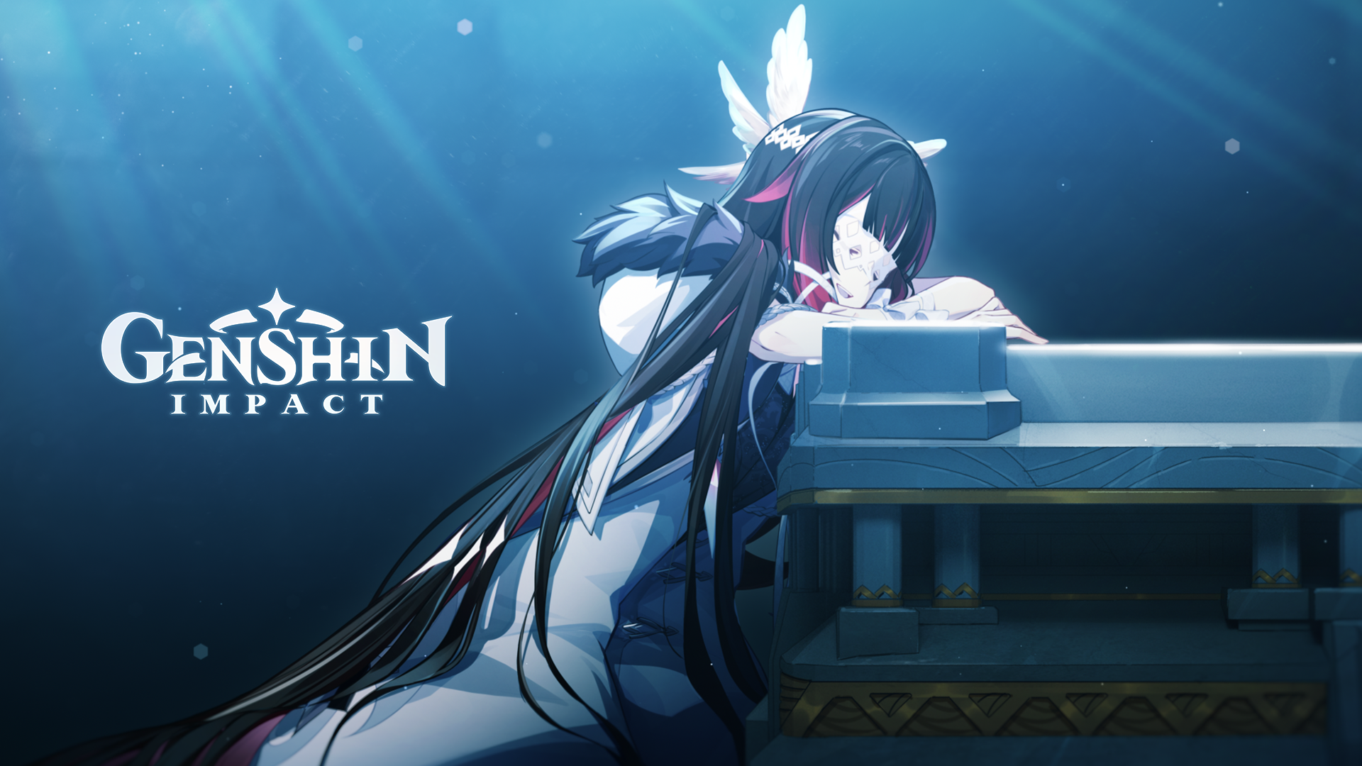 HD PC desktop wallpaper featuring Columbina from the video game Genshin Impact resting on a bench with a serene blue background.