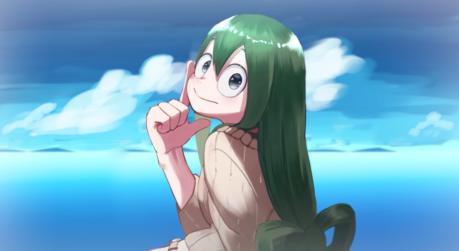Anime HD desktop wallpaper featuring Tsuyu Asui from My Hero Academia smiling with a bright blue sky and clouds in the background.