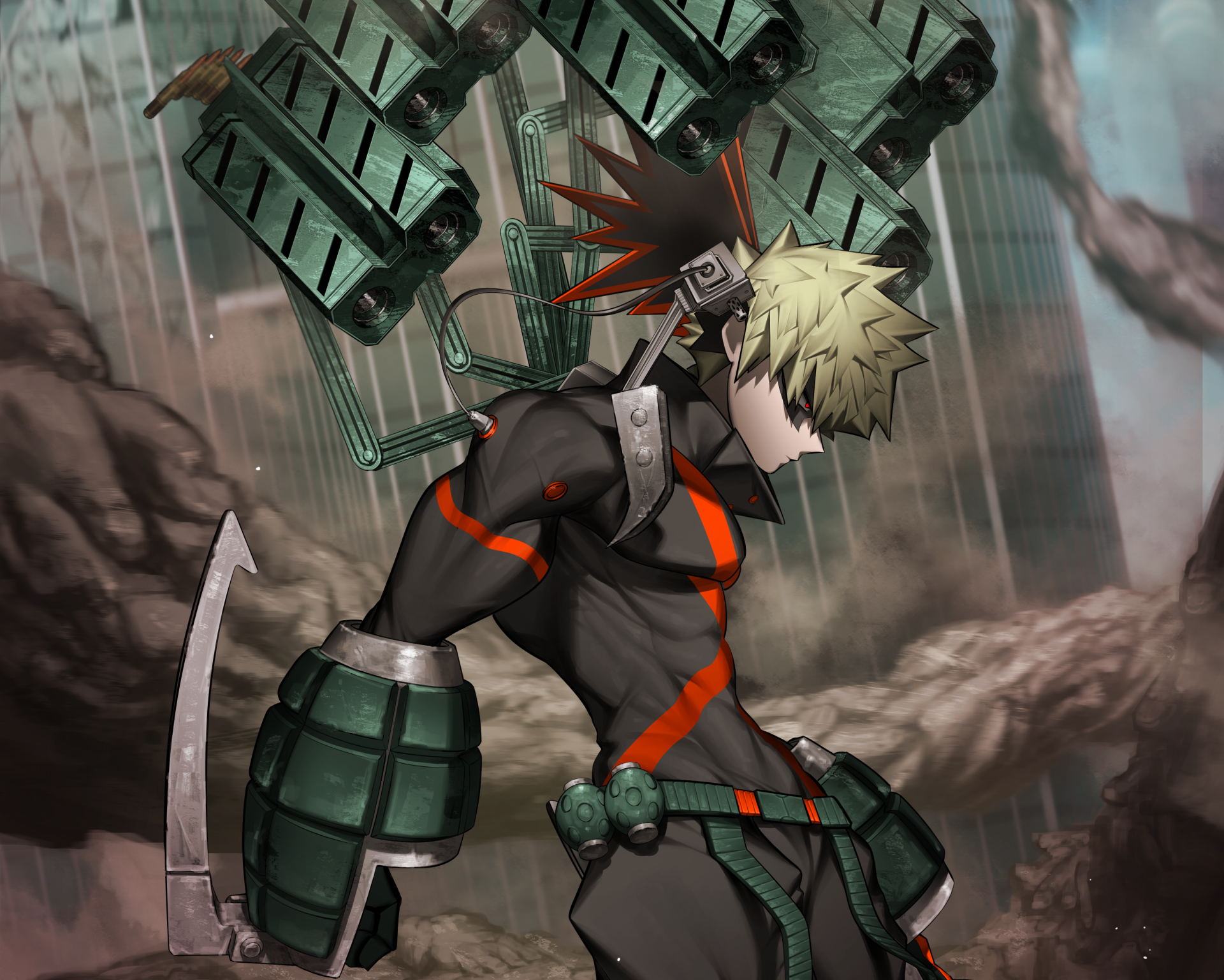 HD PC desktop wallpaper featuring Katsuki Bakugou from My Hero Academia in his hero costume, set against a dramatic, stormy background.