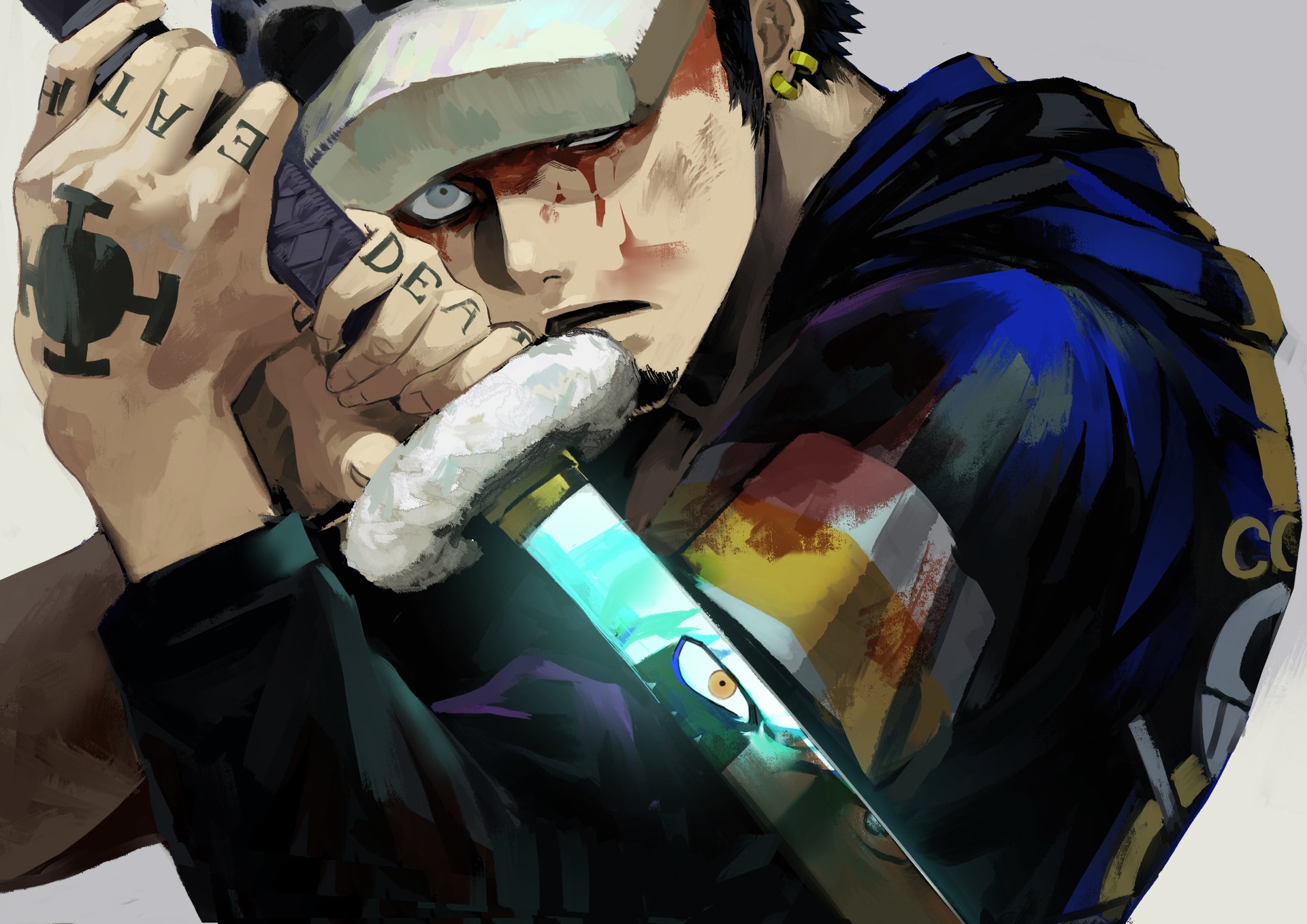 Trafalgar Law (One Piece) in a 4K Ultra HD PC desktop wallpaper: close-up with sword, half-shadowed face, blood trickle, signature hat and dark hoodie.