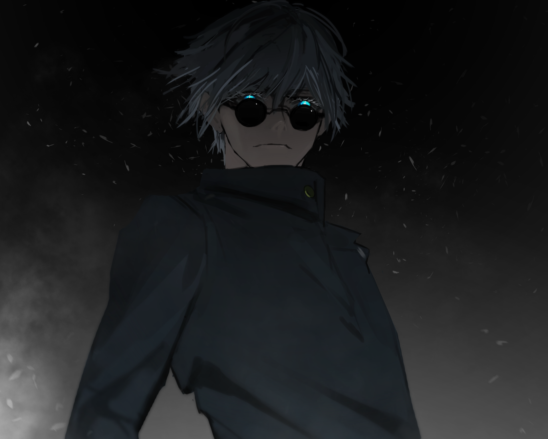 HD PC desktop wallpaper featuring Satoru Gojo from the anime Jujutsu Kaisen, depicted with dark tones and glowing eyes in a mysterious atmosphere.