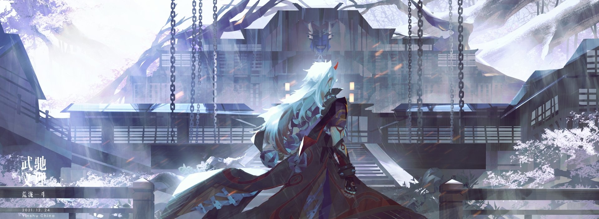 HD PC desktop wallpaper of Arataki Itto from the video game Genshin Impact, featuring the character standing before a large, ornate building with chains and glowing effects.