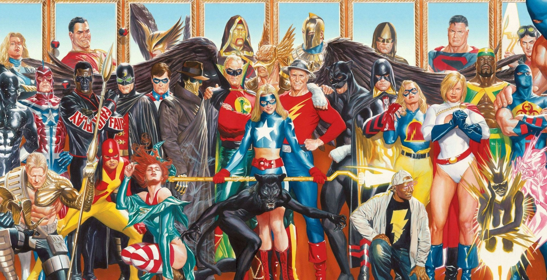 HD PC desktop wallpaper featuring the Justice Society of America comic heroes assembled together in vibrant, detailed costumes against a bright backdrop.