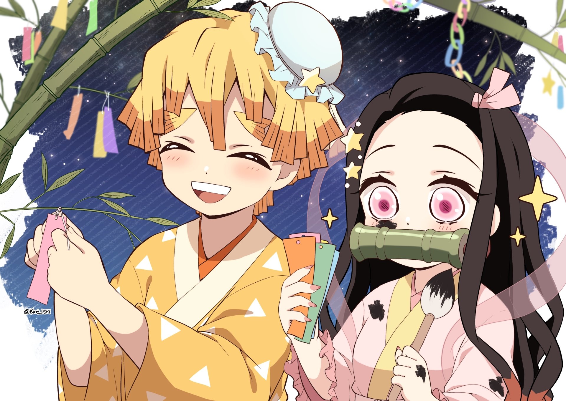 HD anime desktop wallpaper featuring Nezuko Kamado and Zenitsu Agatsuma from Demon Slayer: Kimetsu no Yaiba celebrating with colorful decorations.