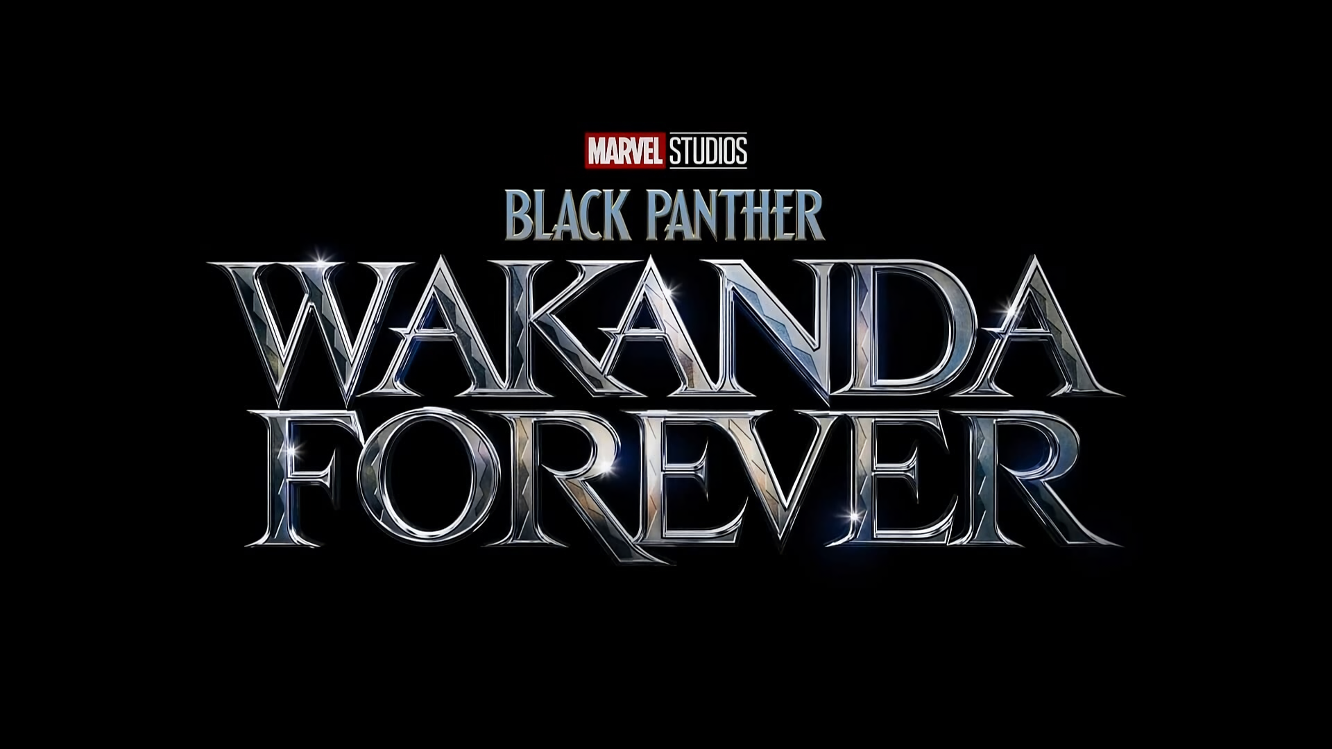 HD PC desktop wallpaper: Marvel Studios movie Black Panther — Wakanda Forever silver logo on black background.