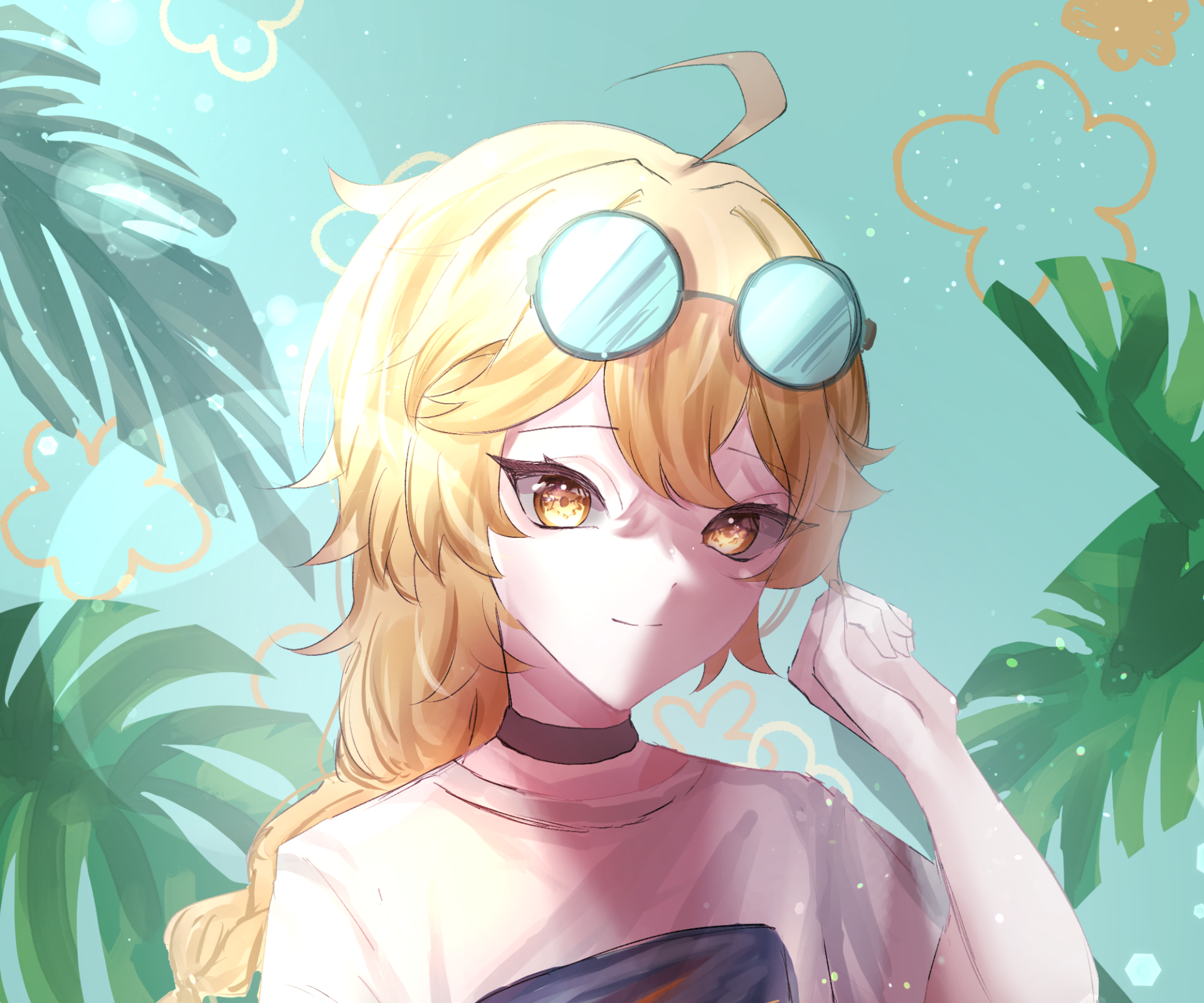 HD PC desktop wallpaper of Aether (Genshin Impact): close-up of the golden-haired Traveler with goggles, warm lighting and tropical teal leaves in the background.
