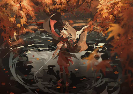 Kaedehara Kazuha (Genshin Impact) wading in swirling water beneath falling autumn leaves — video game artwork rendered as a 4K Ultra HD PC desktop wallpaper background.