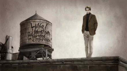 Johan Liebert from Monster (2004) anime stands on a rooftop near a water tower with German graffiti, rendered in 4K Ultra HD for a PC desktop wallpaper.