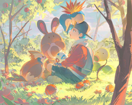 HD wallpaper featuring Ethan from Pokémon sitting in a forest with Pokémon, capturing a serene, colorful scene.