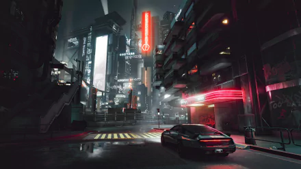 HD PC desktop wallpaper featuring a neon-lit, rainy cityscape from the video game Cyberpunk 2077, showcasing futuristic skyscrapers and a sleek car in the foreground.