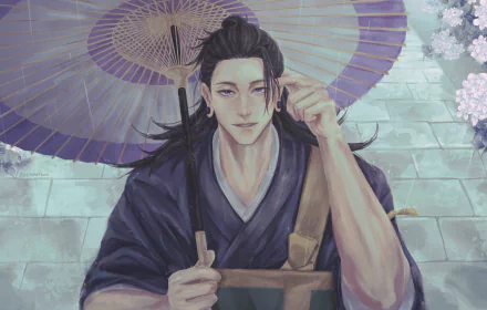 HD PC desktop wallpaper featuring Suguru Geto from the anime Jujutsu Kaisen, depicted holding a traditional Japanese umbrella with soft floral accents in the background.