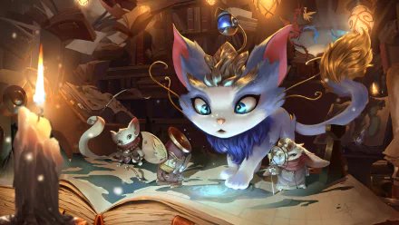 HD PC desktop wallpaper featuring Yuumi from League of Legends, depicted as a magical cat with glowing eyes exploring an ancient book in a warm, detailed video game setting.