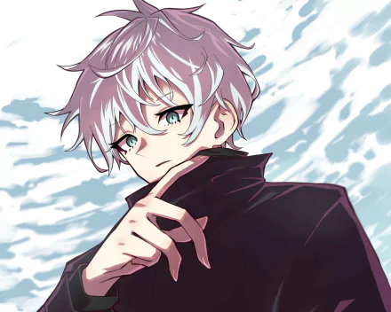 HD PC desktop wallpaper of Satoru Gojo from Jujutsu Kaisen — close-up anime portrait with pale silver hair, vivid blue eyes, and a black high-collar coat against a cloudy sky.