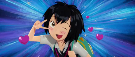 Anime-style girl winking with peace sign and hearts against a blue radial burst - Spider-Man: Into The Spider-Verse themed 2K Quad HD PC desktop wallpaper.