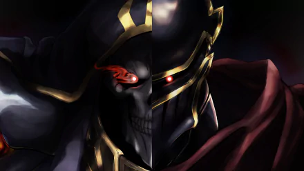 HD PC desktop wallpaper/background of Ainz Ooal Gown (Overlord, anime): close-up of a skeletal armored skull with a glowing red eye, gold accents and a dark cloak.