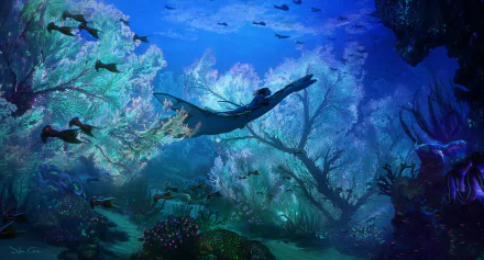 HD PC desktop wallpaper featuring an underwater scene from the movie Avatar: The Way of Water, showcasing aquatic creatures and vibrant coral in deep blue hues.