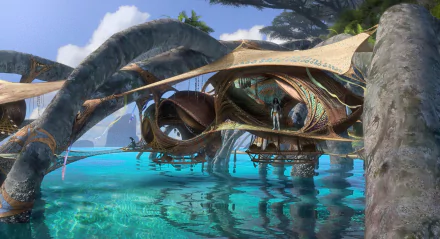 Movie: Avatar: The Way of Water — HD PC desktop wallpaper showing organic stilted sea dwellings and arching roots over clear turquoise water.