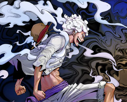 HD PC desktop wallpaper featuring Monkey D. Luffy in Gear 5 from the anime One Piece, depicted with dynamic smoke effects and intense expression.