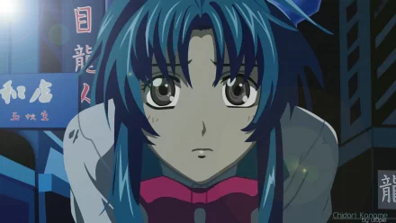 A dramatic scene from the anime Full Metal Panic! featuring a character with striking blue hair and an intense expression, designed as a HD desktop wallpaper.