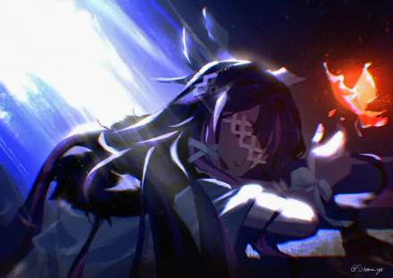 HD desktop wallpaper featuring Columbina from the video game Genshin Impact, showcasing dynamic lighting and vibrant colors in a dramatic scene.