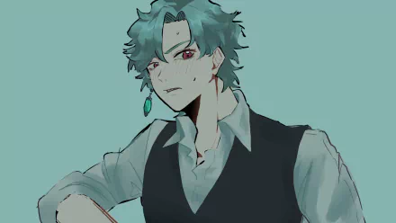 HD PC desktop wallpaper featuring Il Dottore from the video game Genshin Impact, showcasing the character in a stylized portrait against a muted teal background.