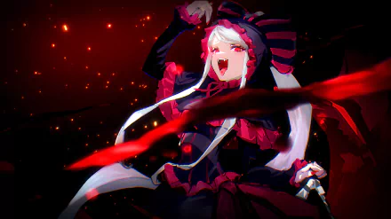 HD anime desktop wallpaper featuring Shalltear Bloodfallen from Overlord, depicted with dynamic red and black hues and intense expression in a dark, fiery background.