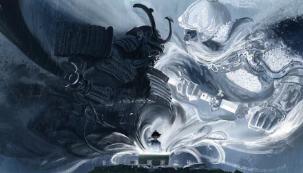 HD fantasy desktop wallpaper depicting a dynamic battle between two samurai, one shrouded in darkness and the other in light, set against a swirling, mystical backdrop.