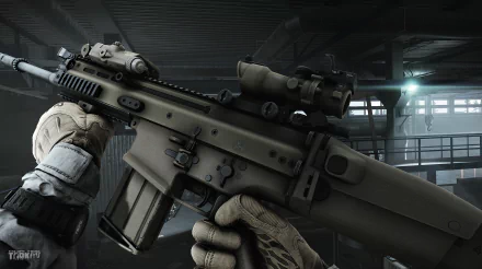 HD desktop wallpaper featuring a close-up of a realistically rendered character holding a tactical rifle, themed with Escape From Tarkov elements in an industrial setting.