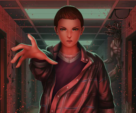 HD PC desktop wallpaper of Eleven from the TV show Stranger Things, reaching out with telekinesis in a blood-red corridor while a Demogorgon shadows her in the background.