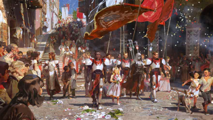 HD Destiny 2 desktop wallpaper featuring an immersive gathering of game characters celebrating with banners and confetti in a lively street scene.