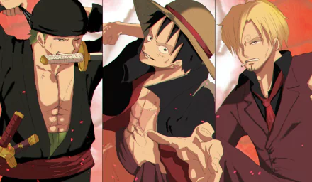 HD One Piece PC wallpaper: triptych of Monkey D. Luffy center reaching out, Roronoa Zoro left with swords, Sanji right in suit smoking, anime style with falling petals.