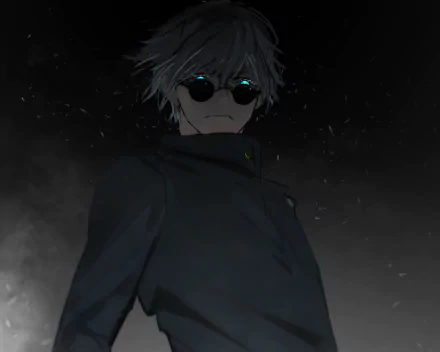 HD PC desktop wallpaper featuring Satoru Gojo from the anime Jujutsu Kaisen, depicted with dark tones and glowing eyes in a mysterious atmosphere.