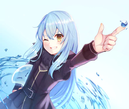 HD PC desktop wallpaper featuring Rimuru Tempest from the anime That Time I Got Reincarnated as a Slime, with dynamic water effects and a playful pose.