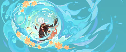 4K Ultra HD PC desktop wallpaper featuring Kaedehara Kazuha from the video game Genshin Impact, surrounded by swirling blue wind and autumn leaves.