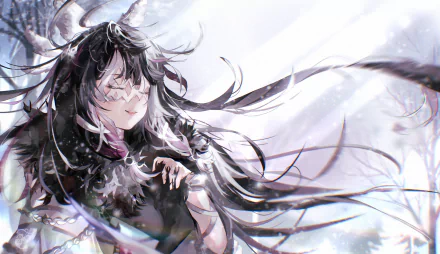 HD PC desktop wallpaper featuring Columbina from the video game Genshin Impact, showcasing her with flowing black hair and a serene expression against a bright, ethereal background.