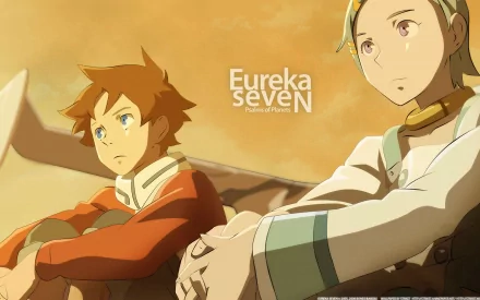 Eureka Seven anime HD PC desktop wallpaper: Renton and Eureka sit side by side on a sunlit ledge, gazing toward the horizon beneath a warm, golden sky.