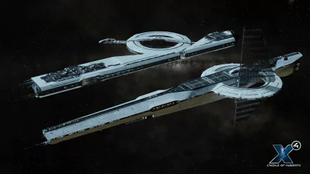 HD desktop wallpaper featuring spaceships from X4: Foundations game set against a starry space backdrop.