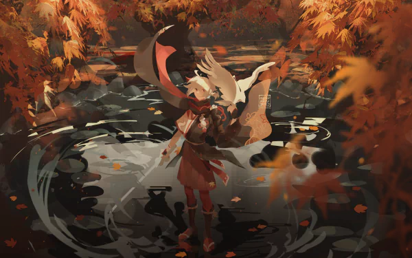 Kaedehara Kazuha (Genshin Impact) wading in swirling water beneath falling autumn leaves — video game artwork rendered as a 4K Ultra HD PC desktop wallpaper background.