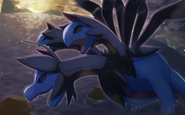 Hydreigon (Pokémon) from the video game looms over a rocky shore at sunset — dramatic, high-detail 4K Ultra HD PC desktop wallpaper.