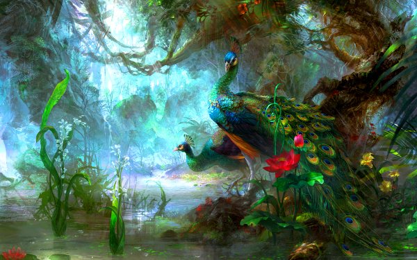 Dierenrijk Pauw Vogels Peafowl Kleuren Colorful Boom Bloem Vogel Bos Groen HD Wallpaper | Achtergrond